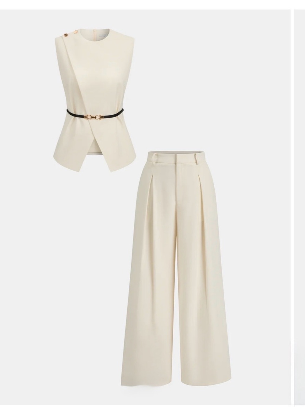 Commense Cream Sleeveless Belted Top & Pleated Wide-Leg Pants Set - Picture 1 of 12